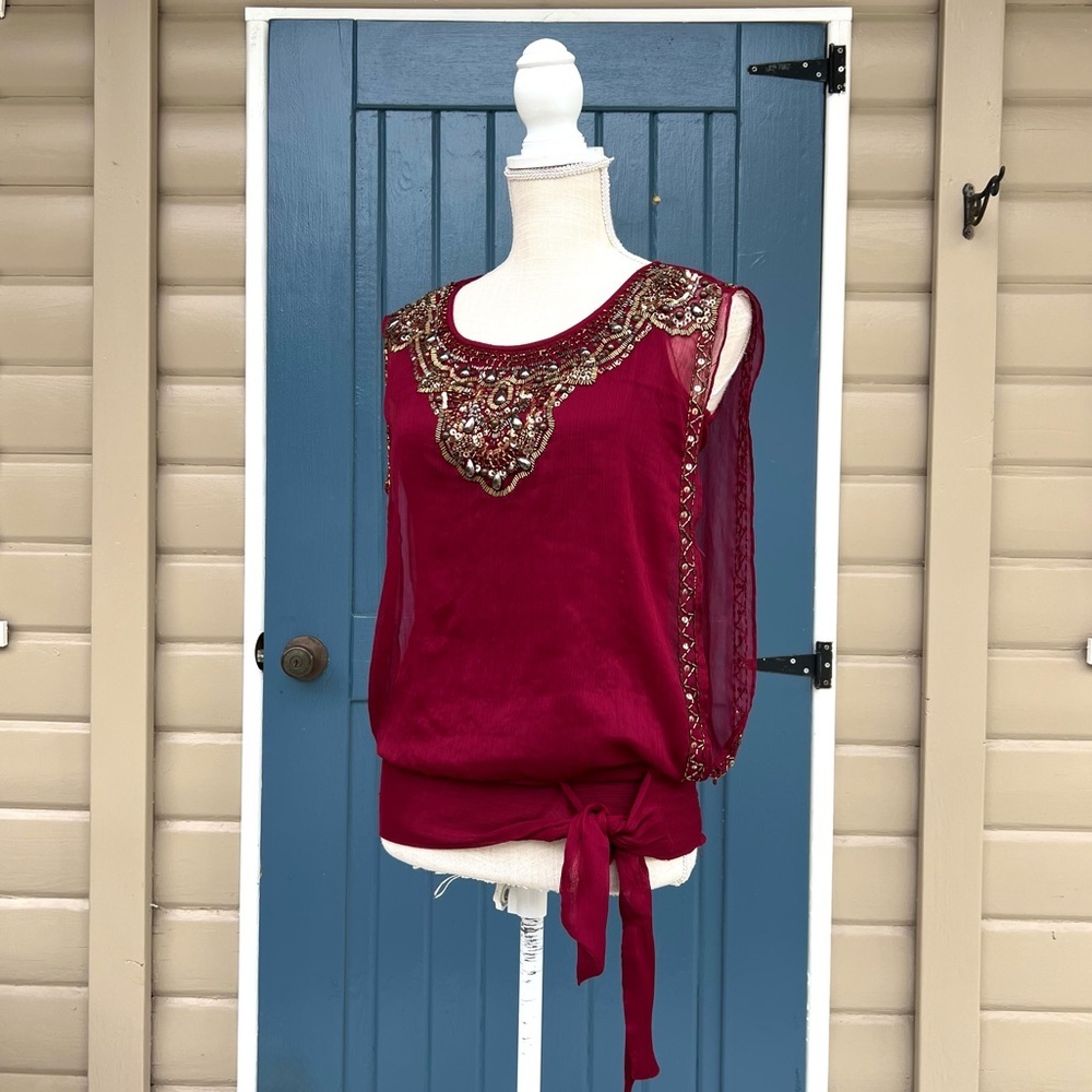 Cache Beaded, Sequin, Layered Blouse With Tank Li… - image 1